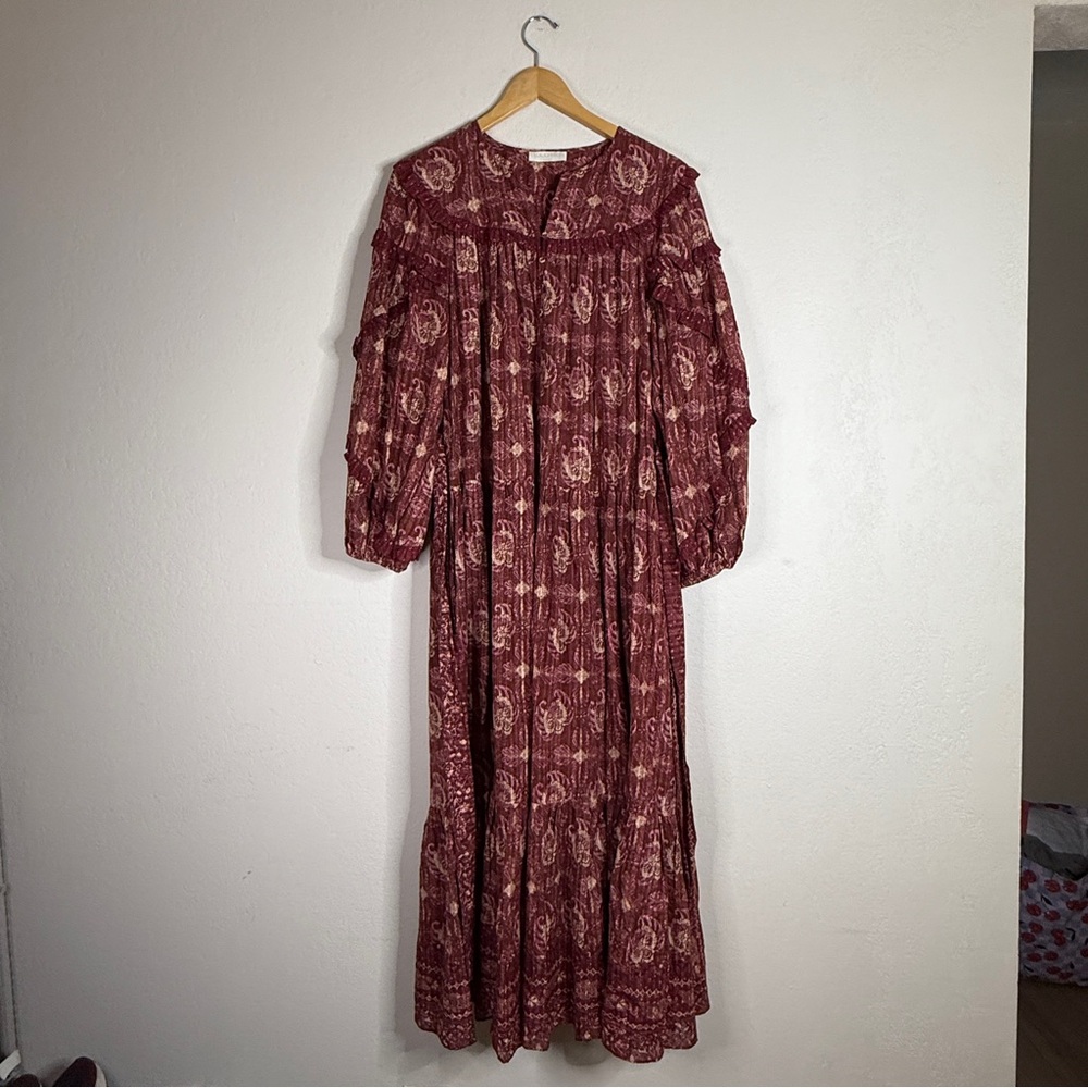 ULLA JOHNSON maroon floral amaranthus Brita ruffled maxi dress SIZE 8 - Picture 2 of 10